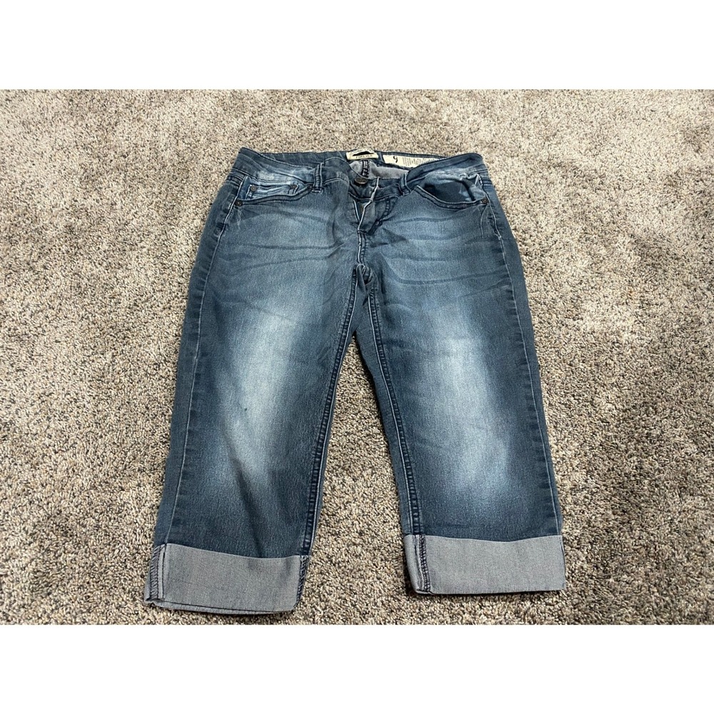Indigo Rein Capri Jeans Cuffed Rhinestone Back Pocket Dark Wash Denim 9